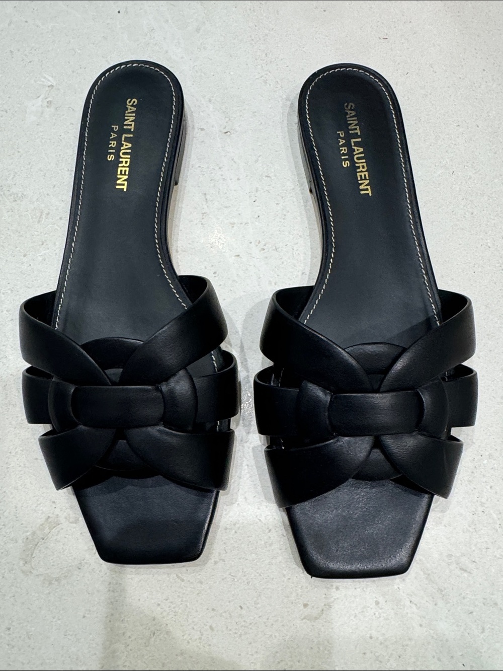 Saint Laurent Black Braided Leather Slide Sandals